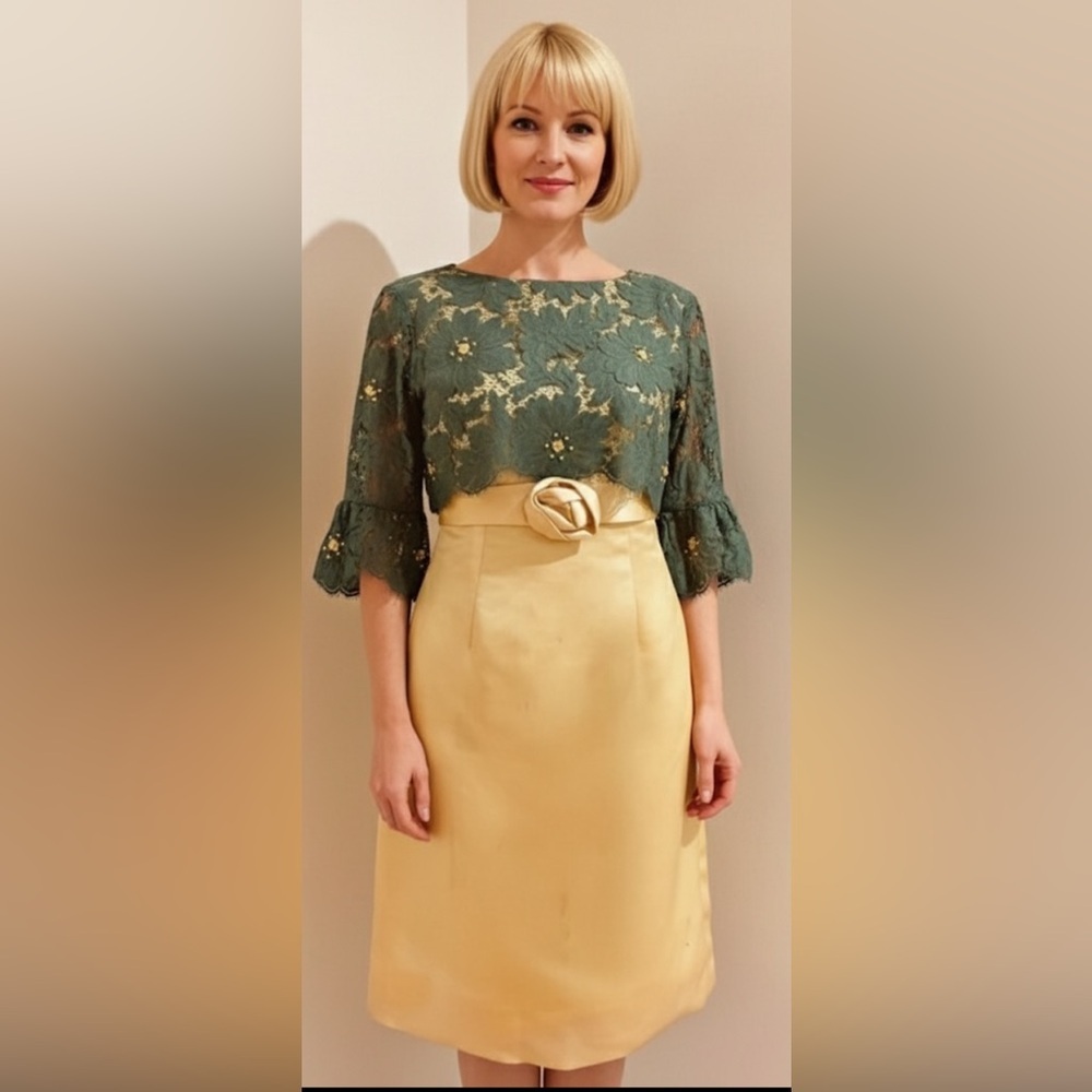 UNBRANDED Hand-Made Vintage 60s Green Lace Yellow Satin Beaded Fitted Dress XXS